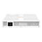 Un appareil réseau blanc avec des trous de ventilation, un connecteur d'alimentation et des étiquettes. La marque est Aruba.