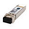 Ein silberner SFP-Transceiver mit schwarzem Stecker, mit HP-Logo und Text.