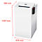 White paper shredder with dimensions: 1347mm high, 784mm wide, 670mm deep. With input slot at the top, black module on the right.