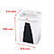 White paper shredder with black elements, dimensions 600 x 375 x 310 mm. "HSM" logo visible.