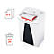 White paper shredder with paper, next to graphics for capacity.