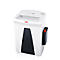 White paper shredder with black slot. Red 'HSM' logo. Black container with red button.