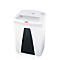 White paper shredder with black chute and red "HSM" logo, standing on a white background.
