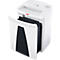 White paper shredder with the waste bin open. The brand name "HSM" is clearly visible.