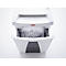 White paper shredder shredding paper into strips, container open.