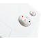 Close-up of white buttons on white background. A round button with the on/off symbol, a red light next to it, and another button with the letter 'R'.