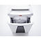 White paper shredder with open drawer filled with shredded paper. Reads "HSM".