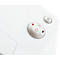 Close-up of white controls: a round power button, next to a button with "R". Detail shot.