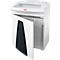 White paper shredder, door open, with black triangle, HSM logo.
