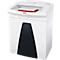White paper shredder with black insert, red paper being shredded, brand is HSM.