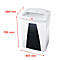 White paper shredder, dimensions 398 x 497 x 793 mm. Features 'HSM' logo and black front panel. Control panel on top.