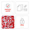 Four squares with symbols, data protection: shield with check mark, documents, paper clip, credit card, lock with P-5, shredded paper.