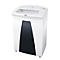White paper shredder with black front, HSM logo. Standing on castors.