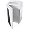 A white shredder with an open door, revealing the interior and paper collection.