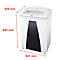 White paper shredder, dimensions indicated with red text: 845 mm high, 541 mm wide and 439 mm deep. Black design element. On wheels.