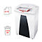 White paper shredder with paper symbols and the word "Confidential"; next to it symbols for number of sheets and trash can size.