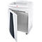 White paper shredder, door open, showing the collection container, with rollers. There is a paper feed on the top.