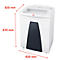 White paper shredder with black elements and dimensions. A feeder on top, a cabinet below.
