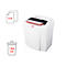 White paper shredder with paper symbols showing capacity. Documents are visible being shredded at the top.