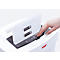 Hand presses button on shredder. A sheet with a diagram is being shredded. Logo: HSM.