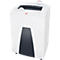 White paper shredder with black control panel and inserted CD. A display shows information.
