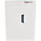 White paper shredder. "HSM" in red letters on top, silver stripe. A gray handle is on the right.
