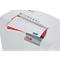 A white paper shredder is shredding a document that is partially visible. Red edge and blue text on the paper.