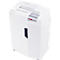 White paper shredder, top with feed slot, control panel and HSM logo. Black viewing slot for the collection container.