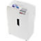 A white shredder is shredding a CD. On the front are control buttons and the "HSM" logo.