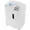 White paper shredder. Paper feed at the top, display at the top right. Blue paper is being shredded.