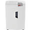 White paper shredder with the "HSM" logo. The device has a paper feed and a collection container.