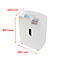 White paper shredder with dimensions 390 x 300 x 595 mm. The inscription 'HSM' and paper feed are visible.