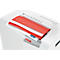 White paper shredder, red and white sheets in the feed. Control panel with symbols at the top, 'HSM' logo at the bottom.