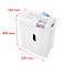 White paper shredder, dimensions are indicated: 245 mm, 445 mm and 345 mm. Blue paper is being shredded.