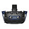 Schwarze VR-Brille mit blauen Elementen und dem Wort "VIVE" auf der Vorderseite.