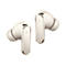 Zwei cremefarbene, elegante In-Ear-Kopfhörer mit goldenen Akzenten vor einem weißen Hintergrund.