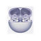 Violettes, kugelförmiges Ladecase mit offenen, ringförmigen Bluetooth-Kopfhörern in silberner Metallic-Optik.