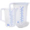 Two measuring jugs made of transparent plastic, one with a handle and scale, the other large with a lid.
