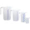 Transparent measuring jugs of varying sizes, with blue scales and handles.
