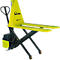 Yellow electric pallet truck with the inscription HX10 E. Black lifting arms and wheels.