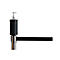 Black hand sanitizer dispenser with barrier tape, on white background.