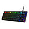 Schwarze mechanische Tastatur mit RGB-Beleuchtung. Die Tasten leuchten in verschiedenen Farben, das HyperX-Logo ist sichtbar.