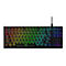 Schwarze Gaming-Tastatur mit Regenbogenfarben und Kabel. Buchstaben und Symbole sind gut sichtbar.