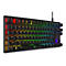 Schwarze mechanische Tastatur mit RGB-Beleuchtung, Kabelanschluss, Buchstaben und Zeichen.