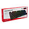 Schwarze Gaming-Tastatur auf einer roten und weiÃŸen Verpackung. Buchstaben leuchten in Regenbogenfarben. Marke: HyperX Alloy Origins Core.