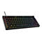 Schwarze mechanische Tastatur mit RGB-Hintergrundbeleuchtung. Die Tasten sind mit weißen Buchstaben beschriftet. Ein Drehregler ist an der Oberseite des Gehäuses angebracht.