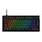 Mechanische Tastatur mit farbiger Beleuchtung und Mediensteuerung. Die schwarzen Tasten sind beschriftet und mit Regenbogenfarben beleuchtet.