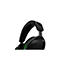 Casque noir, plan rapproché, accent vert, fond blanc.