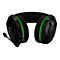 Casque de jeu noir avec des accents verts, un microphone et un logo blanc.