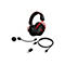Schwarzes Gaming-Headset mit roten Akzenten und Zubehör auf weißem Hintergrund. Headset, Mikrofon, USB-Kabel, Adapter.